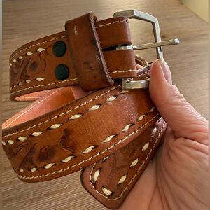 Vintage Hand Tooled Full Grain Leather Western Belt Brown Silver Buckle Small